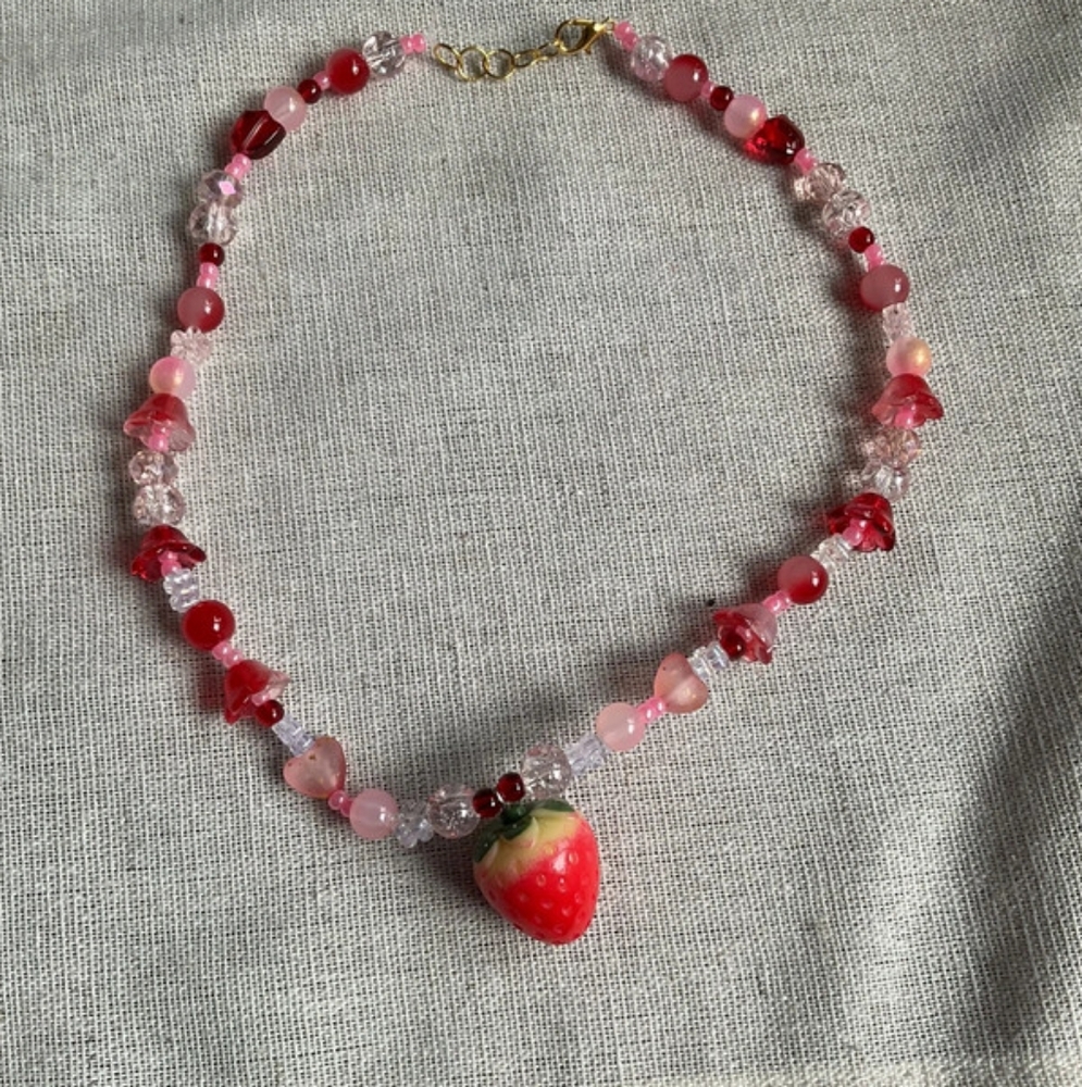Necklace with strawberry charm in pink red stylized cottage ecore